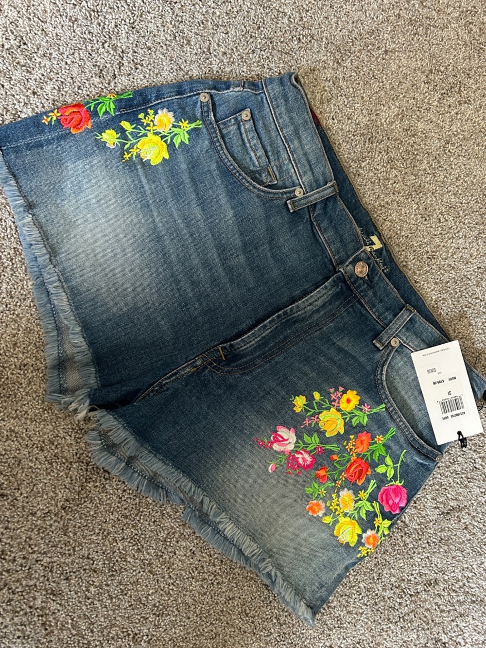 7 For All Mankind Blue Denim Shorts with Multicolor Floral Embroidery